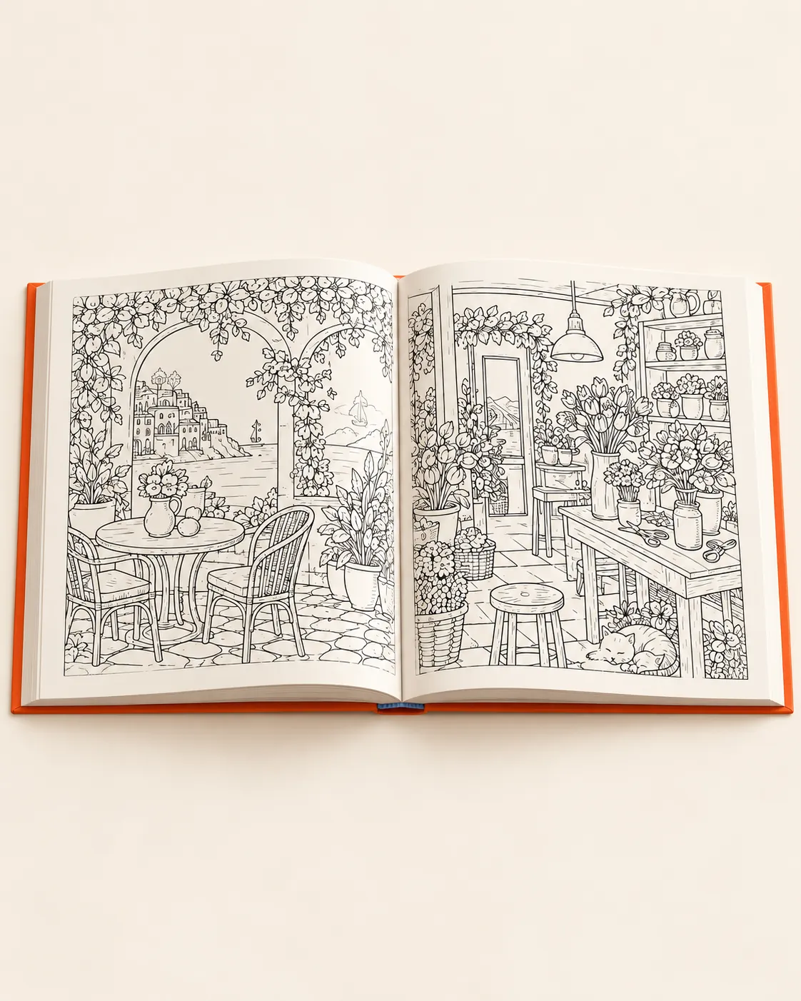 A coloring book open on a detailed terrace scene, still in black line