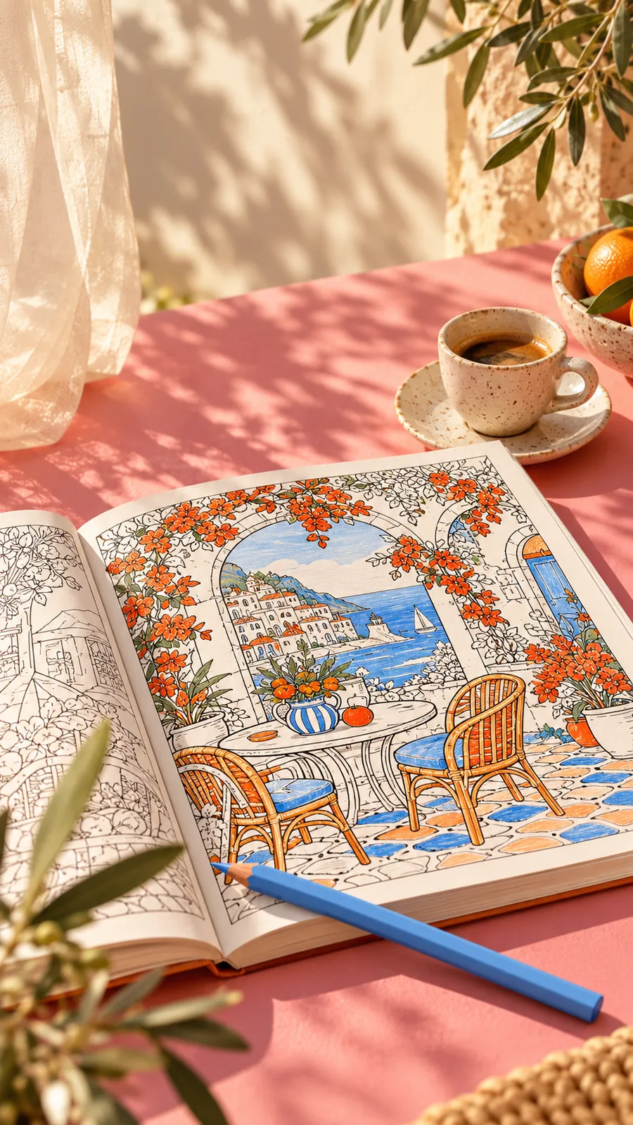 The same kind of scene, coloured in, beside a coffee